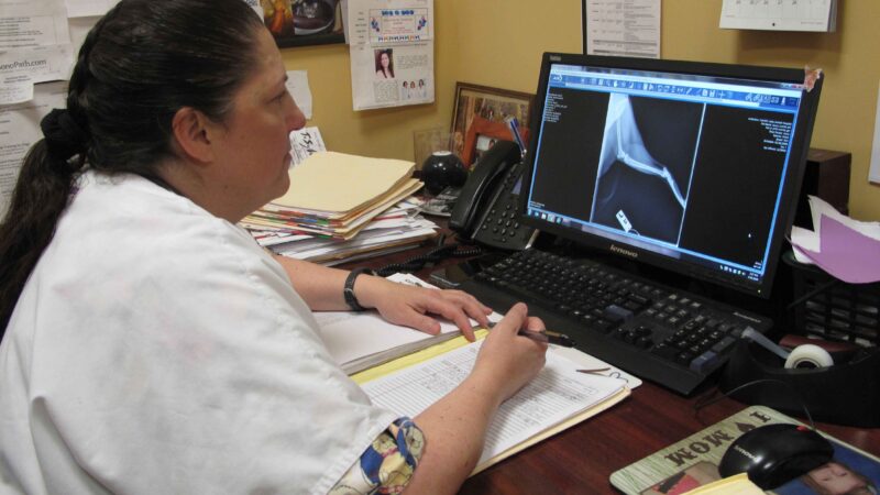 lady checking pet x-ray