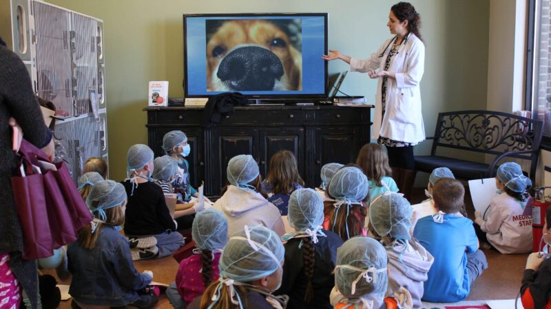 veterinarian presenting to a group of kids, with a picture of a dog's nose on the tv screen