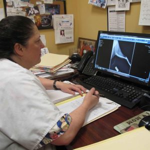 lady checking pet x-ray